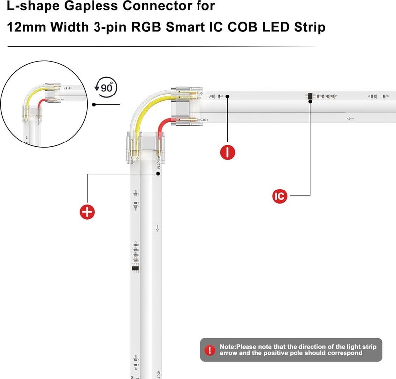 PAUTIX 12mm Connectors 10pcs L-Shaped/Corner(Right) Connectors,Solderless Terminal Extension Connection for 3-Pin RGB Smart IC COB LED Strip Lights,NOT for 10mm/8mm/5mm LED Tape Lights - Image 2